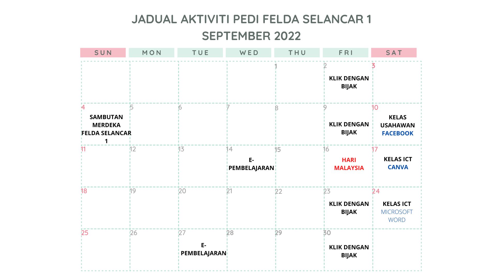 JADUAL AKTIVITI BULAN SEPTEMBER